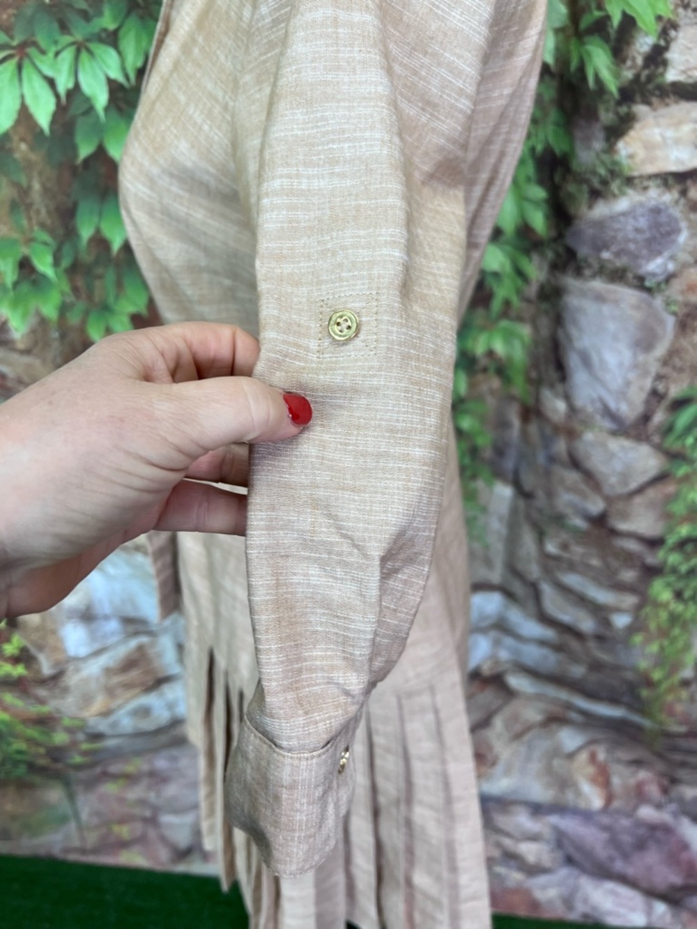 SHARAGANO Minimalist Luxury Designer Tan Shirtdress with Pleated Skirt, 4 - Picture 5 of 11